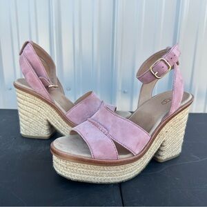 UGG "Carine" Pink Suede Platform Jute Espadrille Ankle Strap Heeled Sandals Sz 9